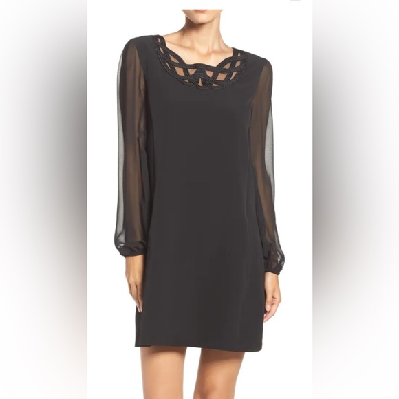 Laundry By Shelli Segal Dresses & Skirts - Little Black Dress, Sheer Sleeve Shift Dress with lace neck line, Cocktail Dress